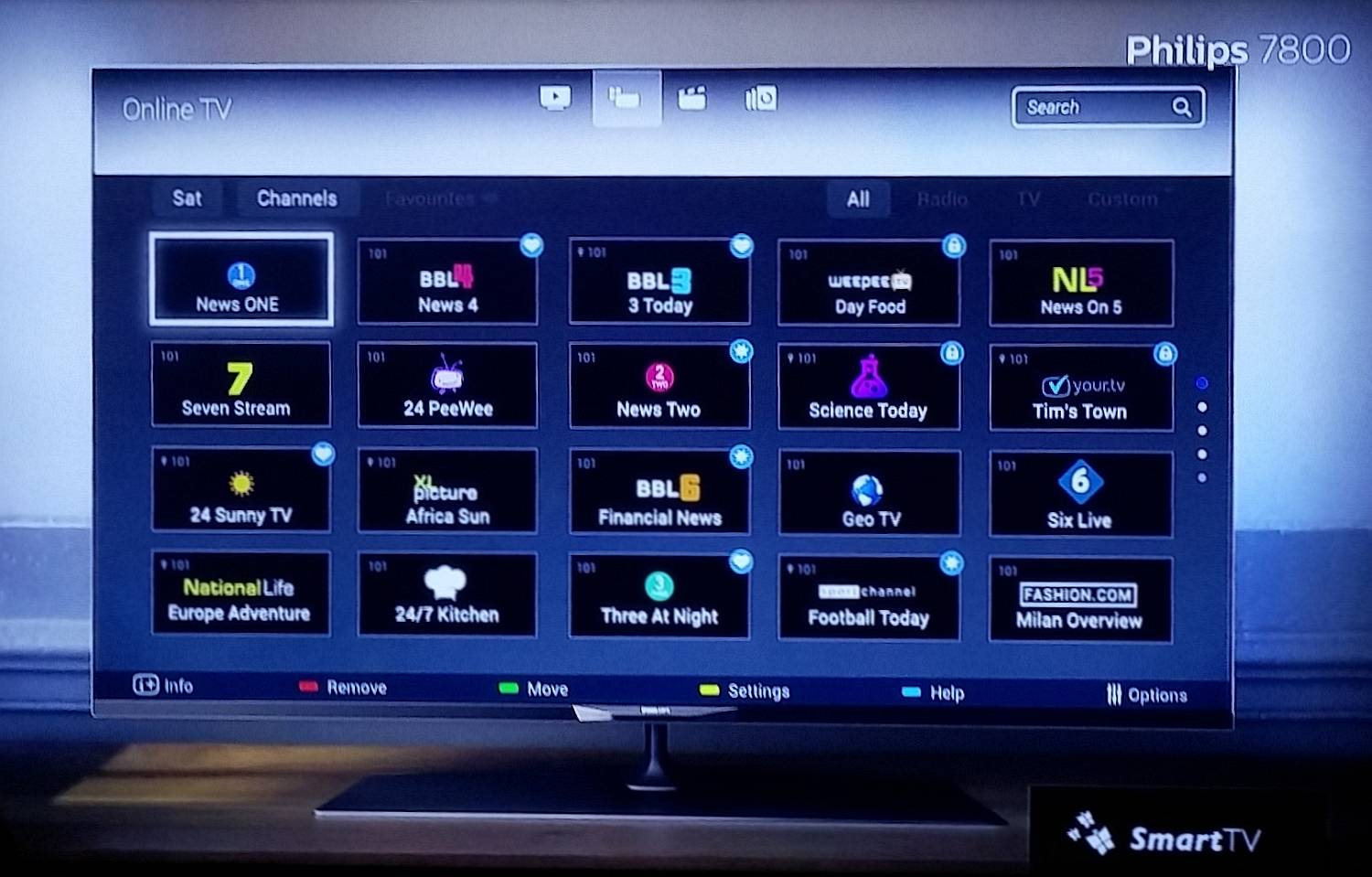 Seznam naladěných kanálů s možností úpravy jejich pořadí.