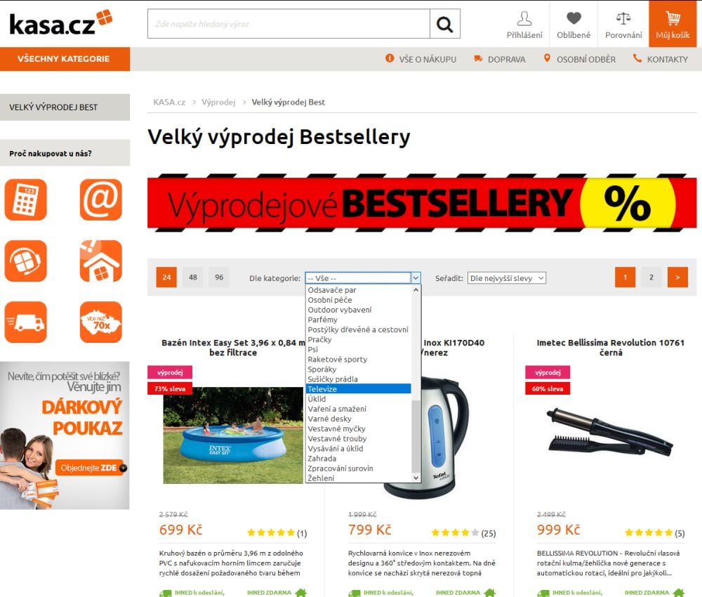 Kasa jako jediná zvládá výpis produktů podle výše slevy, byť v trochu omezené podobě pouze u volby s nápisem „Bestsellery“. Televizor tu však byl i ve středu odpoledne pouze jediný.
