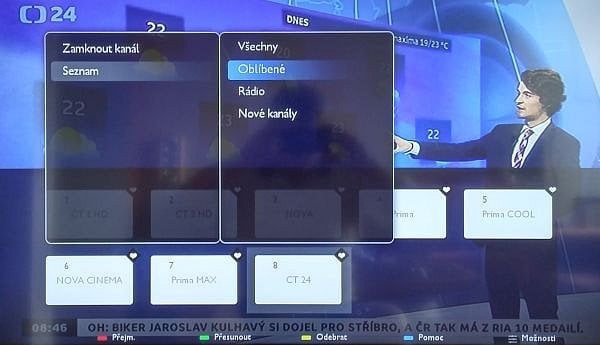 Třídění kanálů je možné pouze přes oblíbené položky v jejichž rámci lze opět i třídit. Následně je třeba ze seznamů kanálů vybrat Oblíbené.