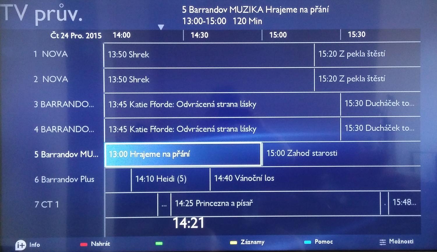 Základní nabídka EPG, které se zde jmenuje TV Guide. Povšimněte si informací o vybraném pořadu zcela nahoře a výrazného zobrazení času zcela dole. A také maličkatého tlačítka „Možnosti“ vpravo dole, které vyvolává kontextové menu (na ovladači se jmenuje Options) např. s aktualizací nabídky pořadů.
