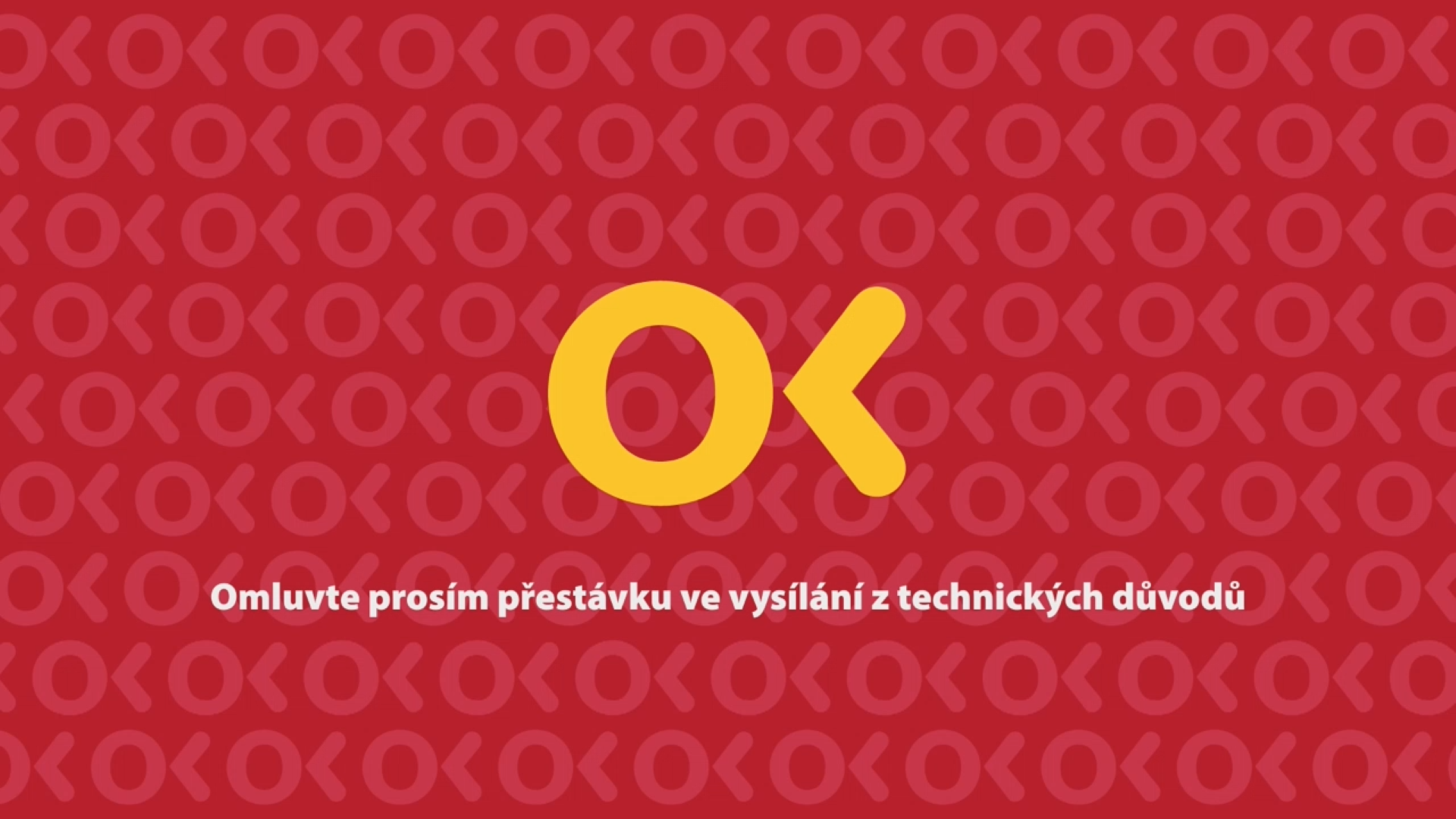 Statická obrazovka s informací o přerušení vysílání OK TV z technických důvodů (snímek z 30. října 2025)