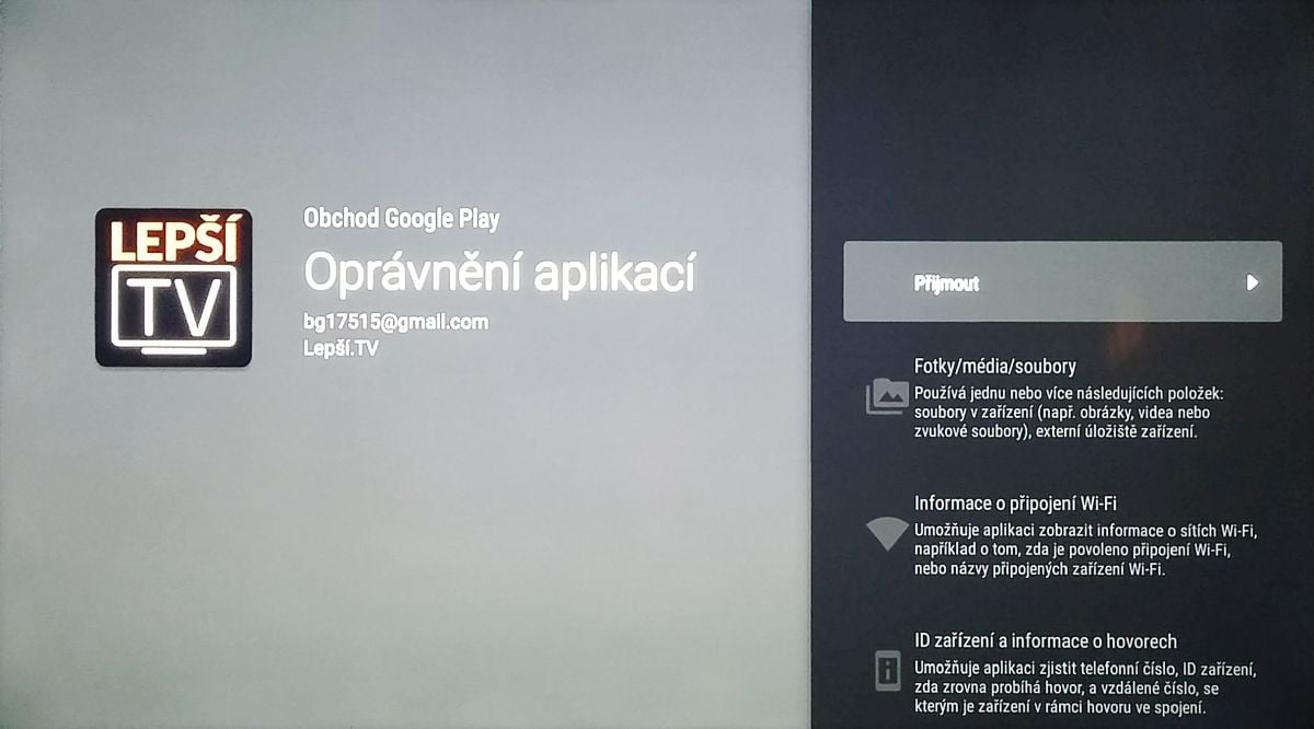 Po vyhledání aplikace Lepší.TV na Google Play/Store se už objeví běžná instalační obrazovka a následně je třeba povolit přístup aplikace, což je vidět na tomto snímku.
