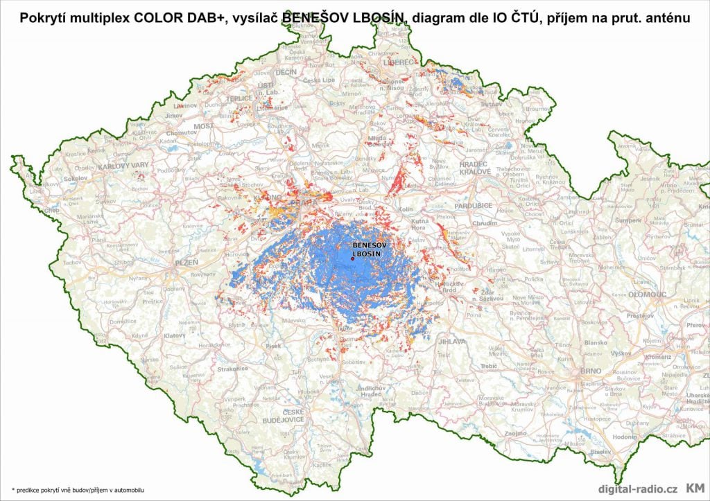 Pokrytí COLOR DAB+ z vysílače u Benešova (prutová anténa)
