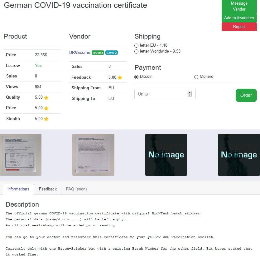 Nabídka certifikátu o očkování proti koronaviru na dark marketu.
