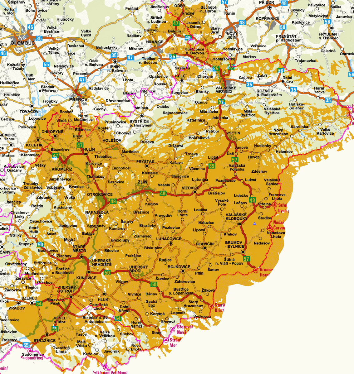 Orientační pokrytí území signálem z vysílače Valašské Klobouky-Ploštiny