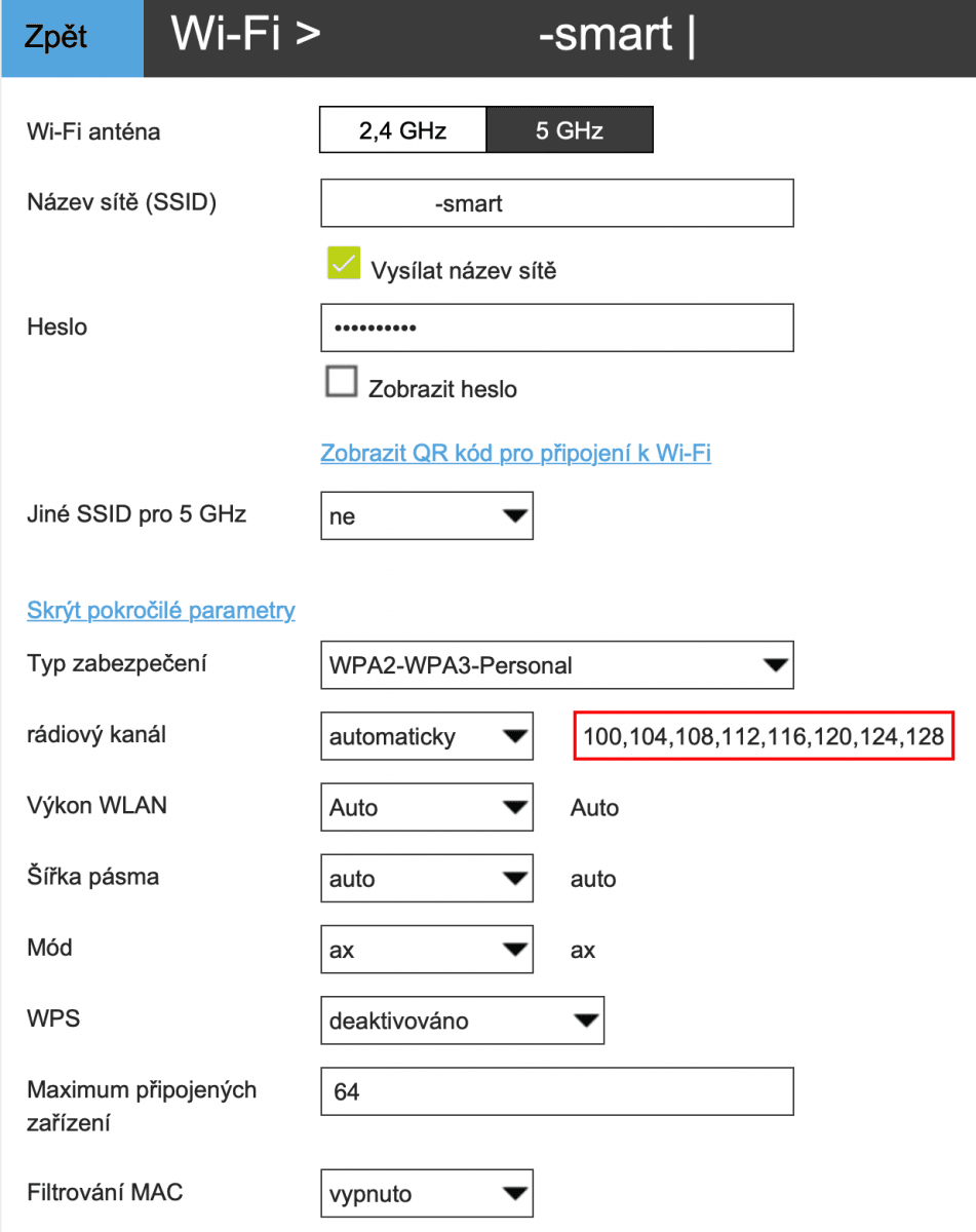 Šířku kanálu 160 MHz nelze zvolit ručně. Je plně na firmwaru Smart Boxu, kdy zvolí kanál široký 80 MHz a kdy 160 MHz.