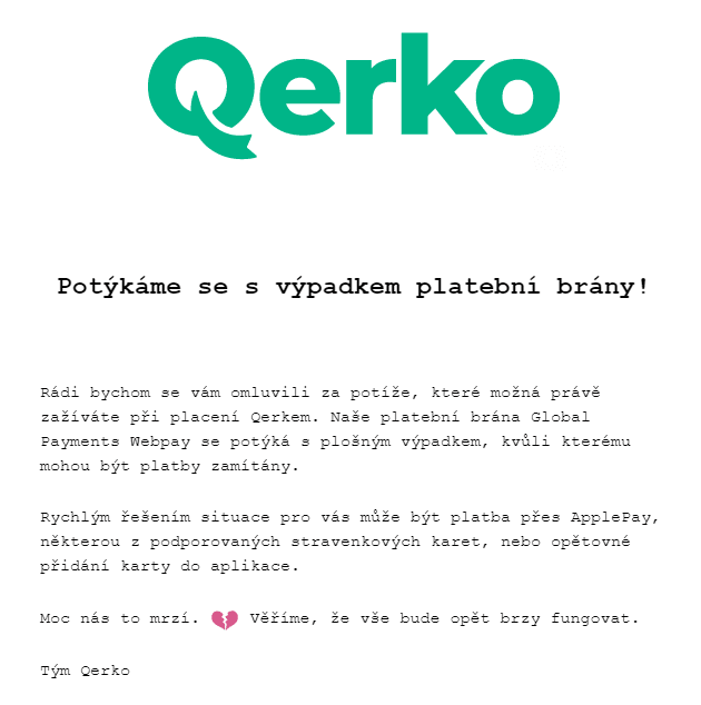 Querko své zákazníky na problémy s platbami upozornilo e-mailem.