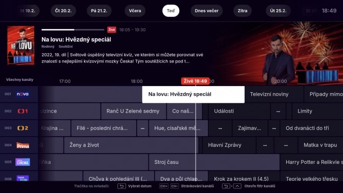 Elektronický programový průvodce služby Oneplay