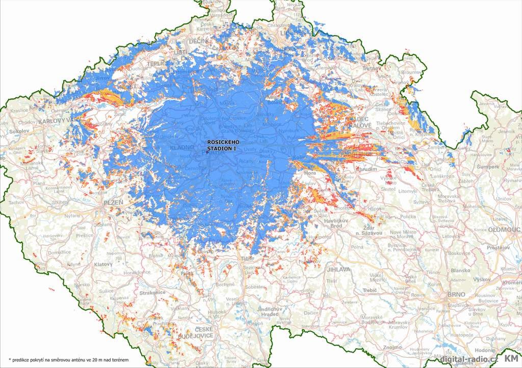 Pokrytí COLOR DAB+ (model se směrovou anténou ve 20 m)