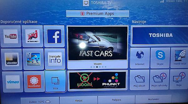 Jak vidíte z fotografie chytrá části televizoru Toshiba 58L9363, můžete si sice nastavit zobrazování počasí v Praze na Žižkově, ale české widgety tu nenajdete. Slibovány jsou přitom už pomalu rok a Toshiba tímhle ztratila hodně zákazníků!