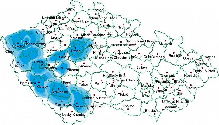 Mapa pokrytí v síti DAB+