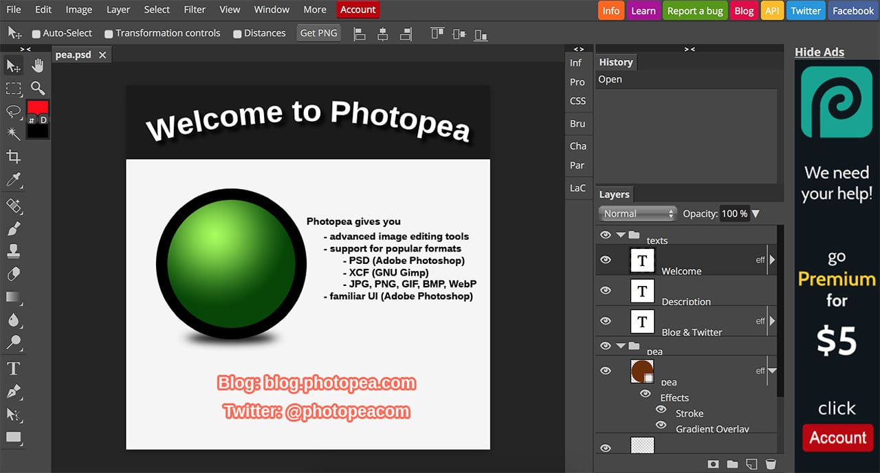 Photopea s kvalitní podporou PSD