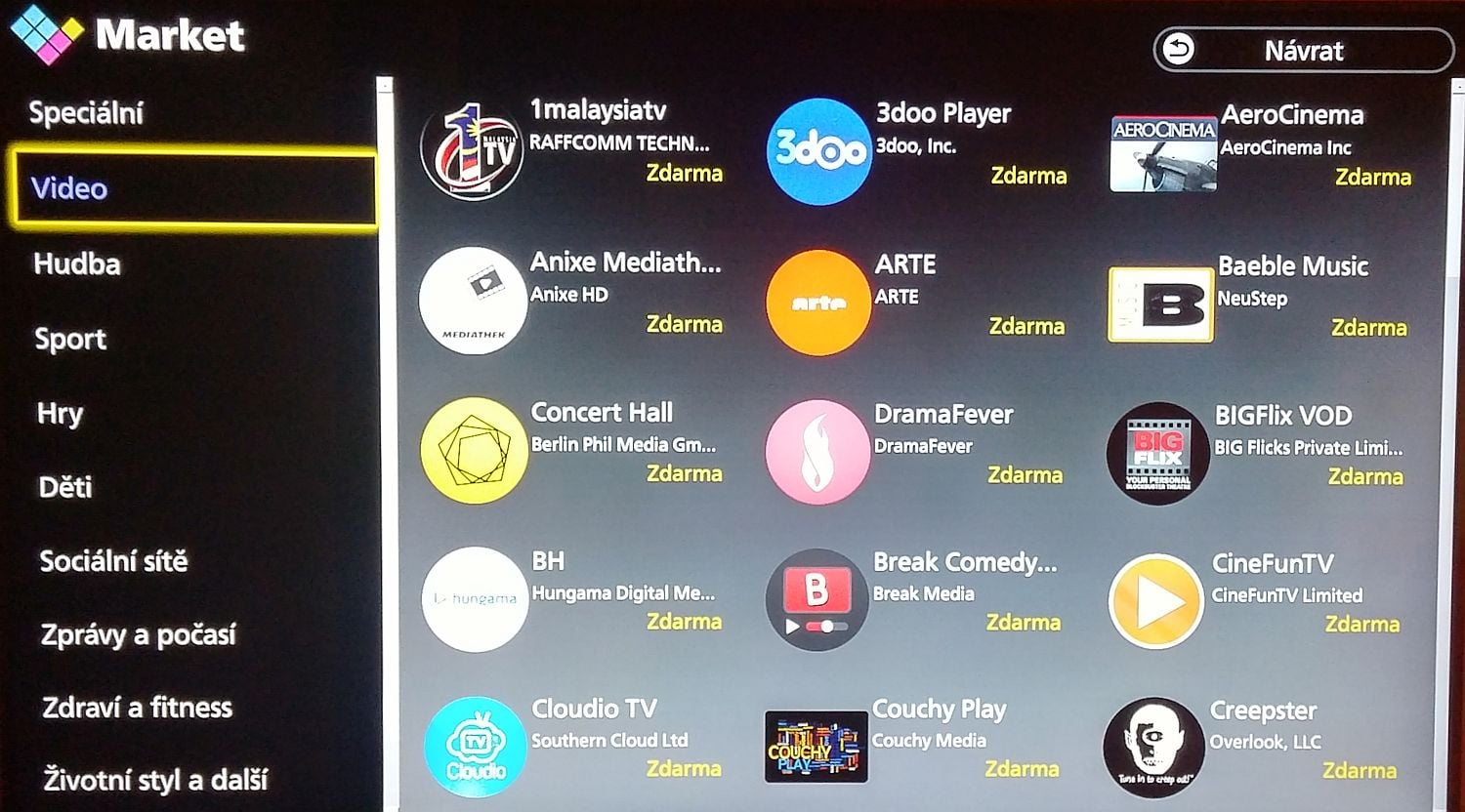 Tržiště aplikací (Market), část pro video (viz také následující snímky).