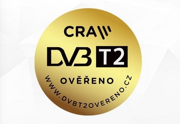 Logo „DVB-T2 ověřeno“ Českých Radiokomunikací.
