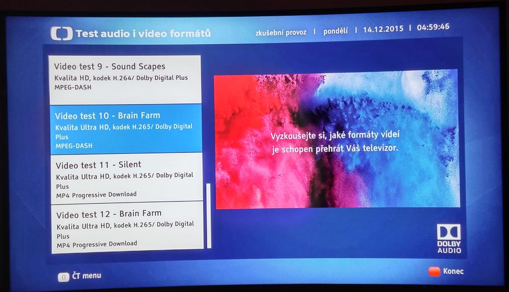 A můžete vyzkoušet i kodek HEVC na HbbTV České televize! Bohužel jen pro rozlišení Ultra HD, protože ČT dodnes nezavedlo HEVC pro Full HD.