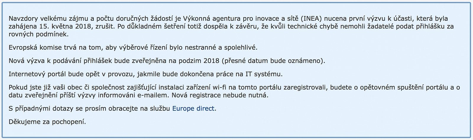Prohlíšení Evropské komise ke zrušení první výzvy WiFi4EU