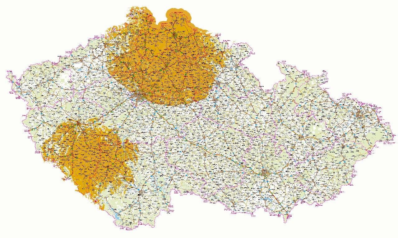 Pokrytí DVB-T2 ČT z vysílačů Liberec-Ještěd, Sušice-Svatobor