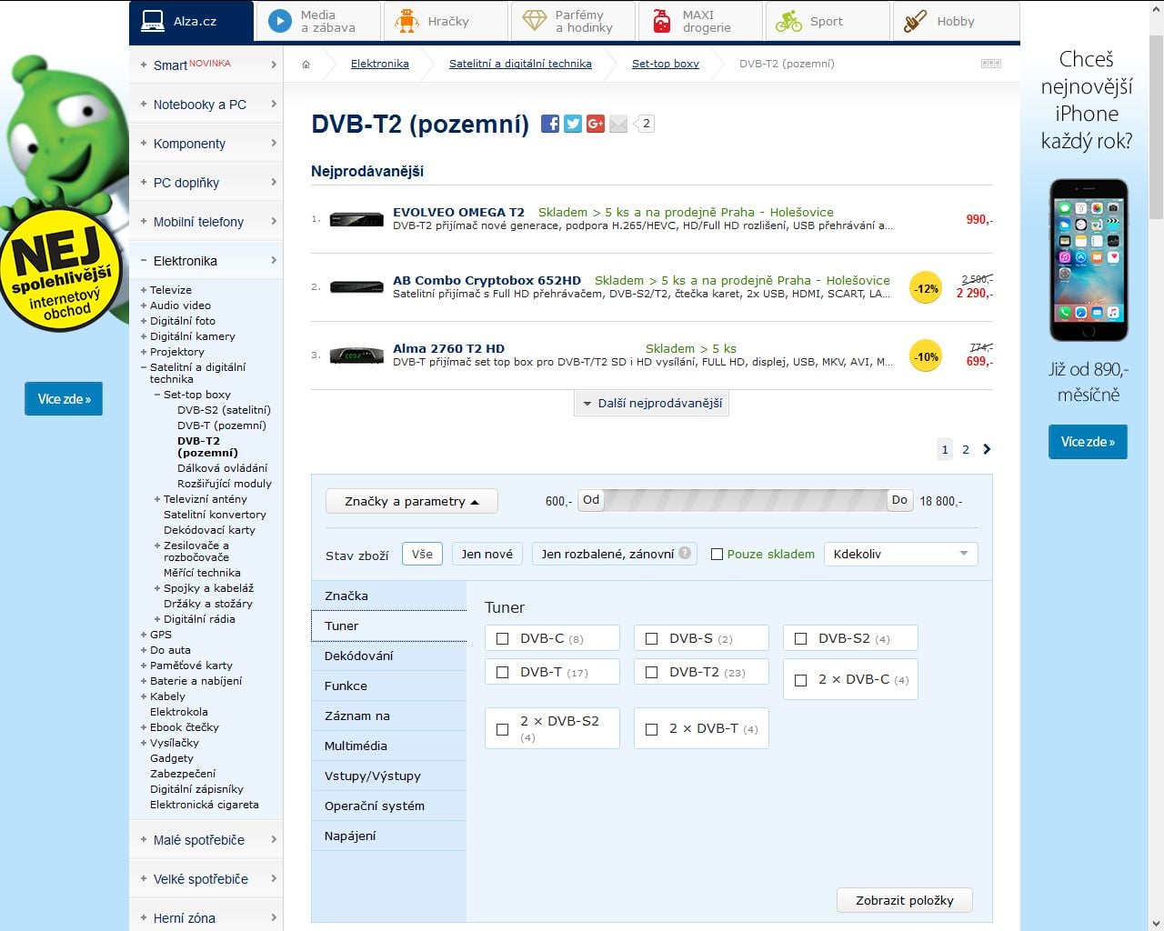 Alza.cz, DVB-T2 - HEVC, 7-2016