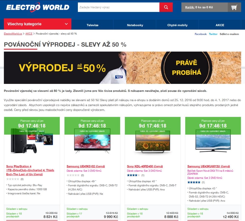 Výprodej byl u Electroworldu označen opravdu důkladně a u většiny položek. Výše slevy je uvedena u konkrétního produktů, výpis podle její výše však možný není.