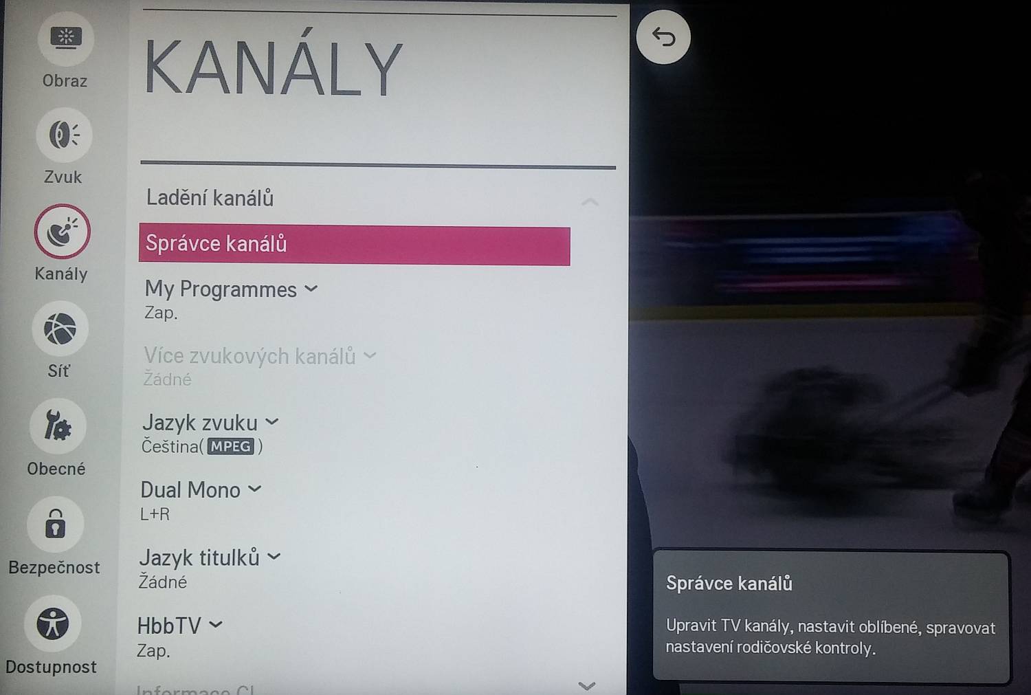 LG menu Nastavení