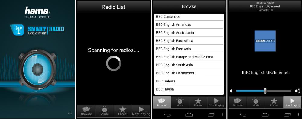 Aplikace Hama Smart Radio pro Android. Částečně odchycené obrazovky z mobilu jsem doplnil o firemní podklady. Po spuštění si totiž aplikace skenuje přijímače a pokud žádný nenajde, nepustí vás dál.