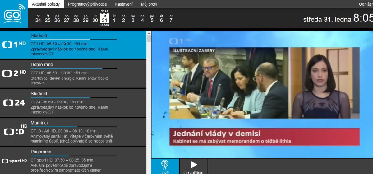 Flash Player je instalován - volba Aktuální pořady.