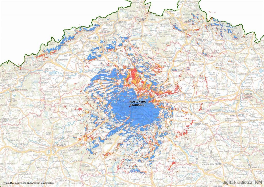 Pokrytí multiplexu COLOR DAB+ (prutová anténa)