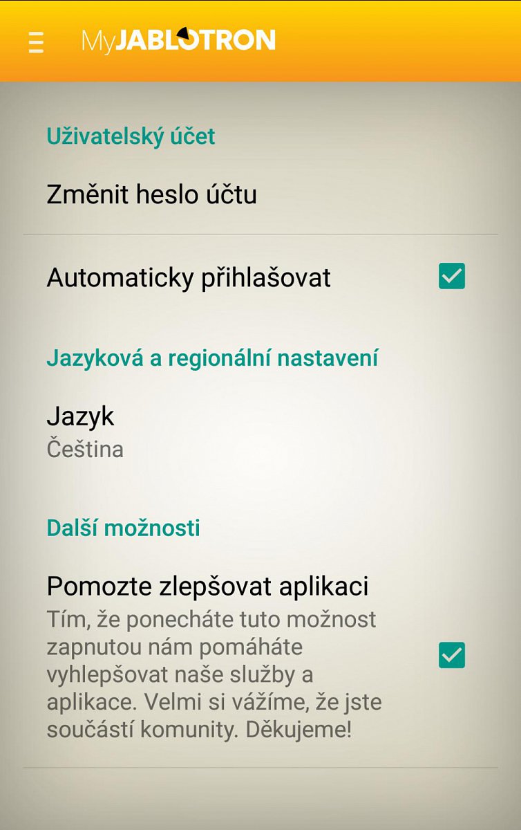 Nastavení - povšimněte si veledůležité položky "Automaticky přihlašovat. Jejím zaškrtnutím se zásadně mění chování aplikace, takže vyzkoušet!