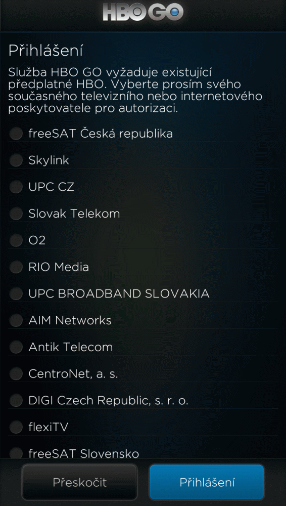 Ukázka z instalace na mobilu LG Flex 2 s Androidem. Vždy je zapotřebí vybrat poskytovatele vašeho TV kanálu HBO.