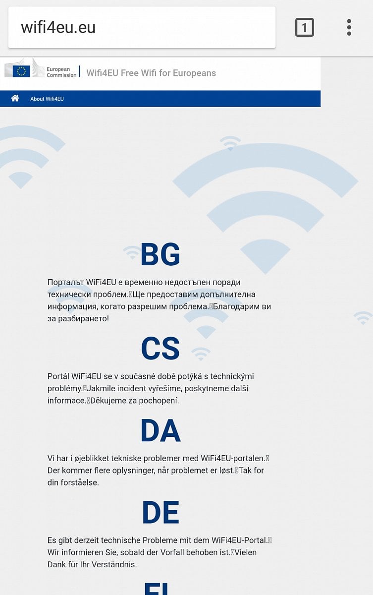 Chybová hláška portálu WiFi4EU po jeho spuštění