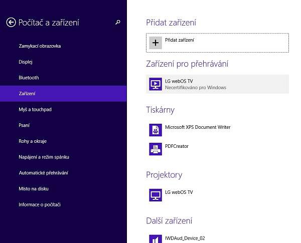 Propojení z televizoru LG s operačním systémem WebOS na ultrabook Acer S3 s Windows 8.1
