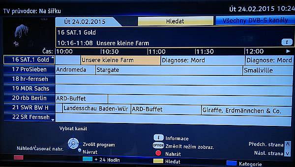 EPG pod Firefox OS vypadá zcela stejně, což je dobře, i když ještě nešlo přepnout do druhého náhledu. Čeština ale pronikla i sem i když ve Frankfurtu bylo vše předváděno na německých stanicích.