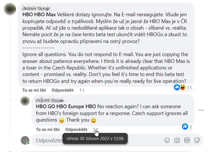 Příspěvek na FB HBO Max Česko