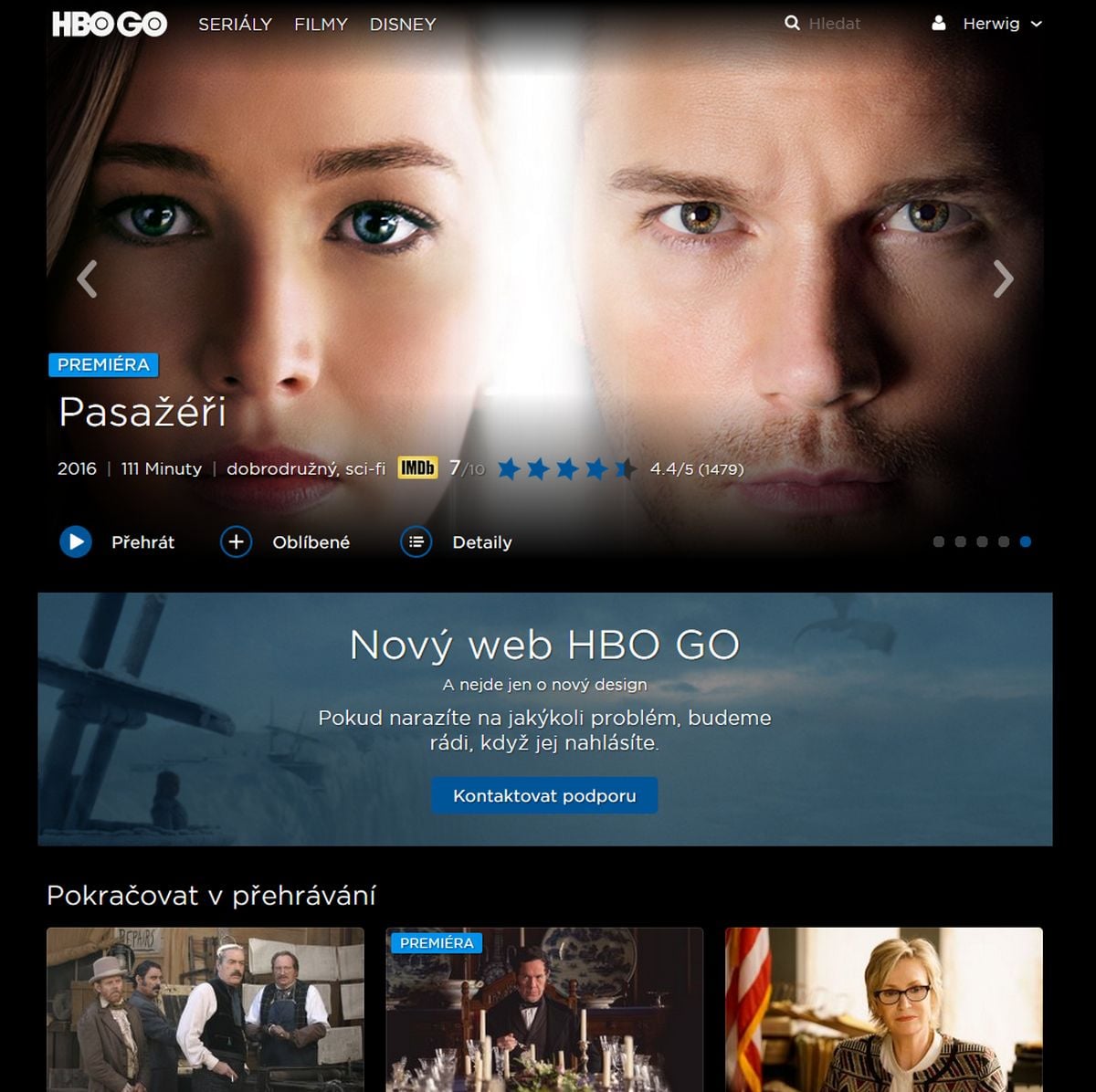 HBO GO nově, říjen 2017 (Windows PC, Firefox)