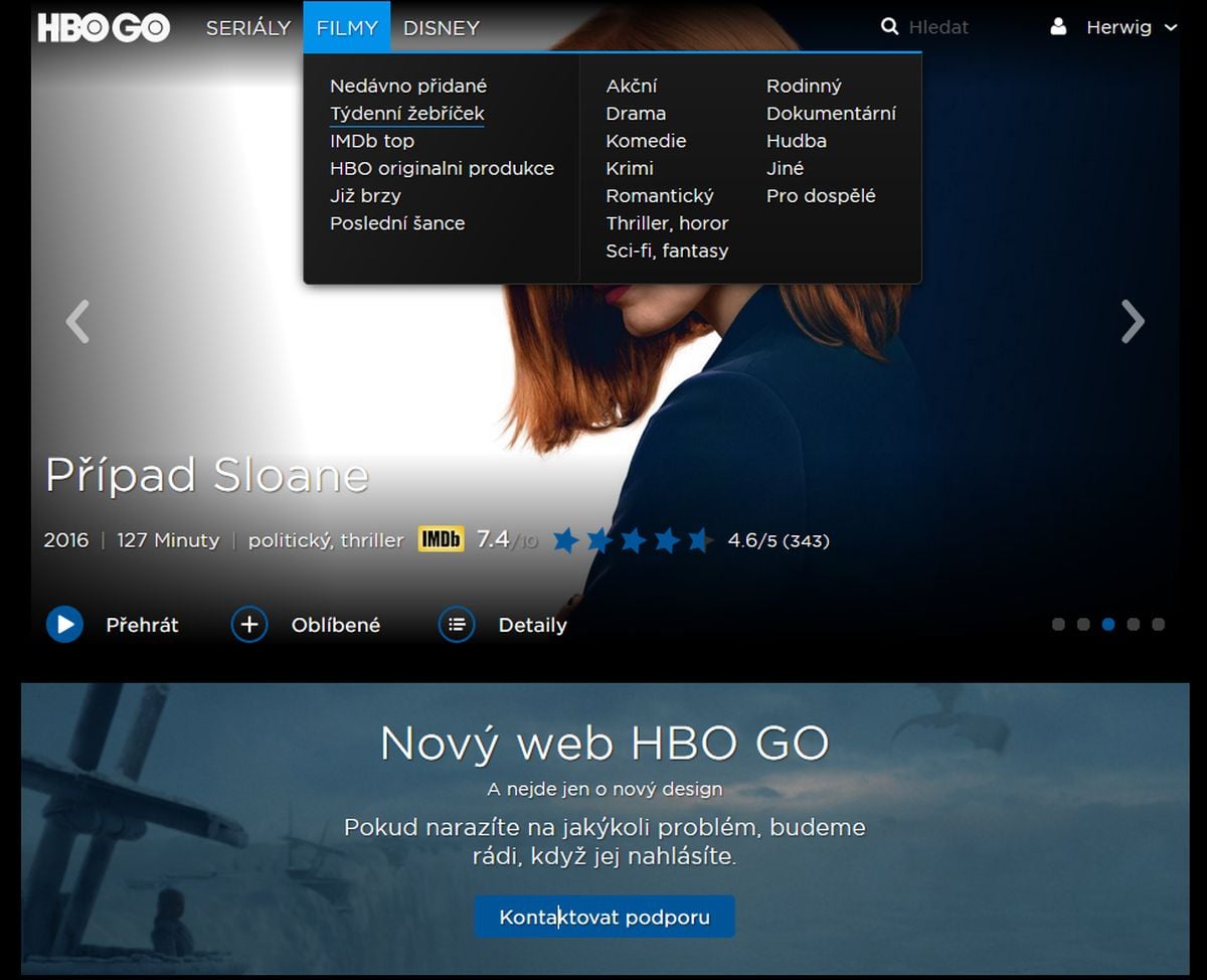 HBO GO nově, říjen 2017 (Windows PC, Firefox)