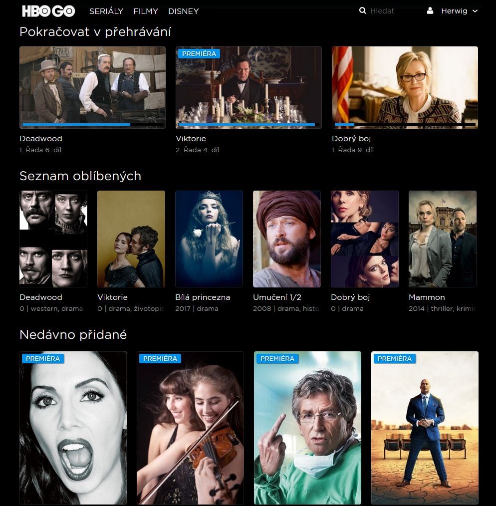 HBO GO nově, říjen 2017 (Windows PC, Firefox)