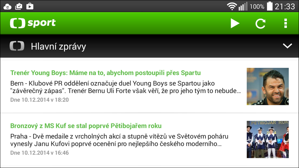 Mobilní aplikace ČT Sport pro platformu Android.