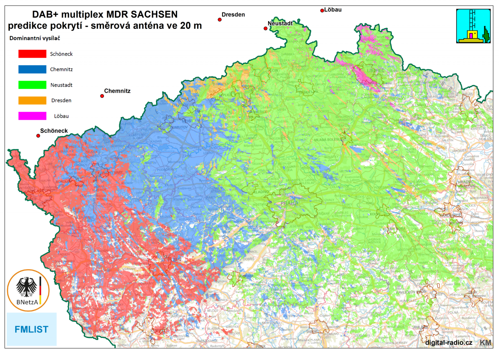 Predikce pokrytí DAB+ MDR Sachsen, směrová anténa ve 20 m