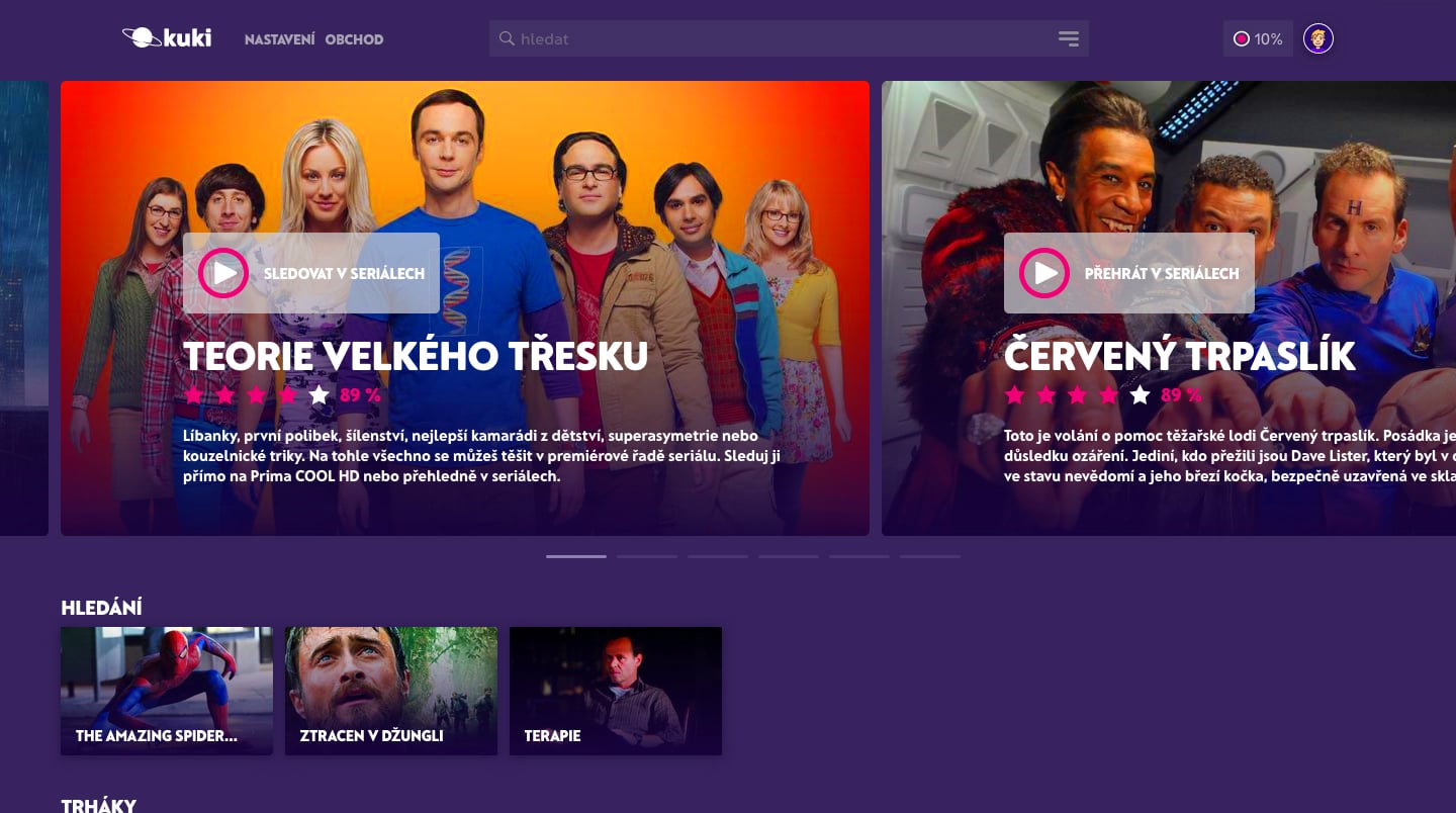 Nabídka seriálů a vyhledávání