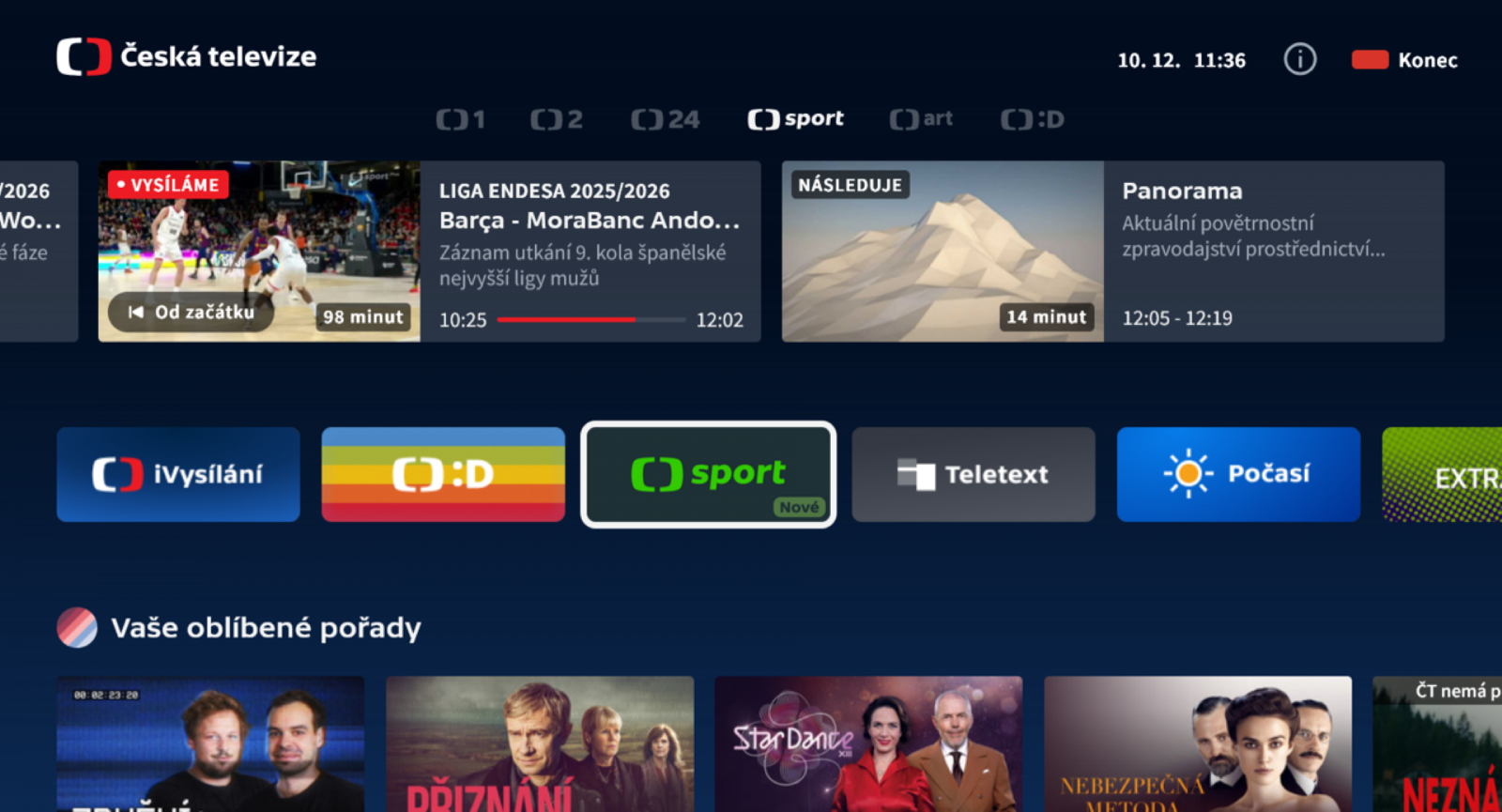 HbbTV aplikace ČT sport v novém designu (2025)