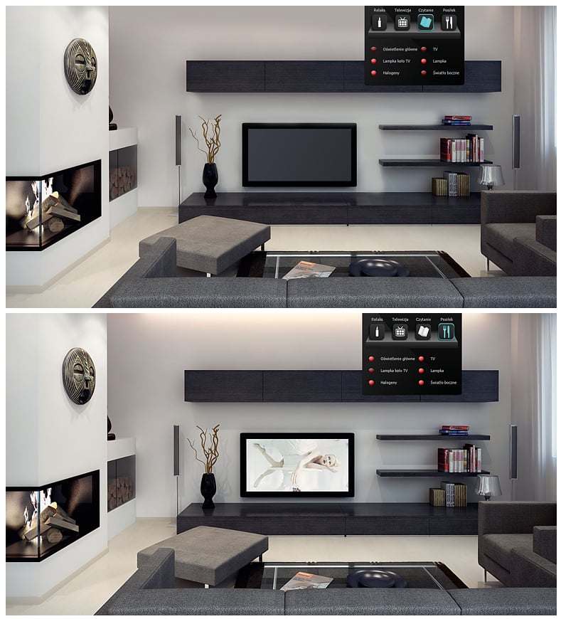 Ukázkový pokoj – nastavení „Četba“ (nahoře) a „Plné světlo“ (dole)