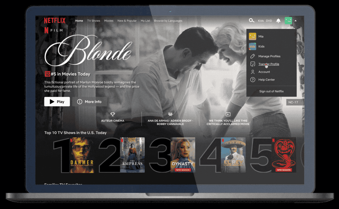 Menu pro přenesení účtu