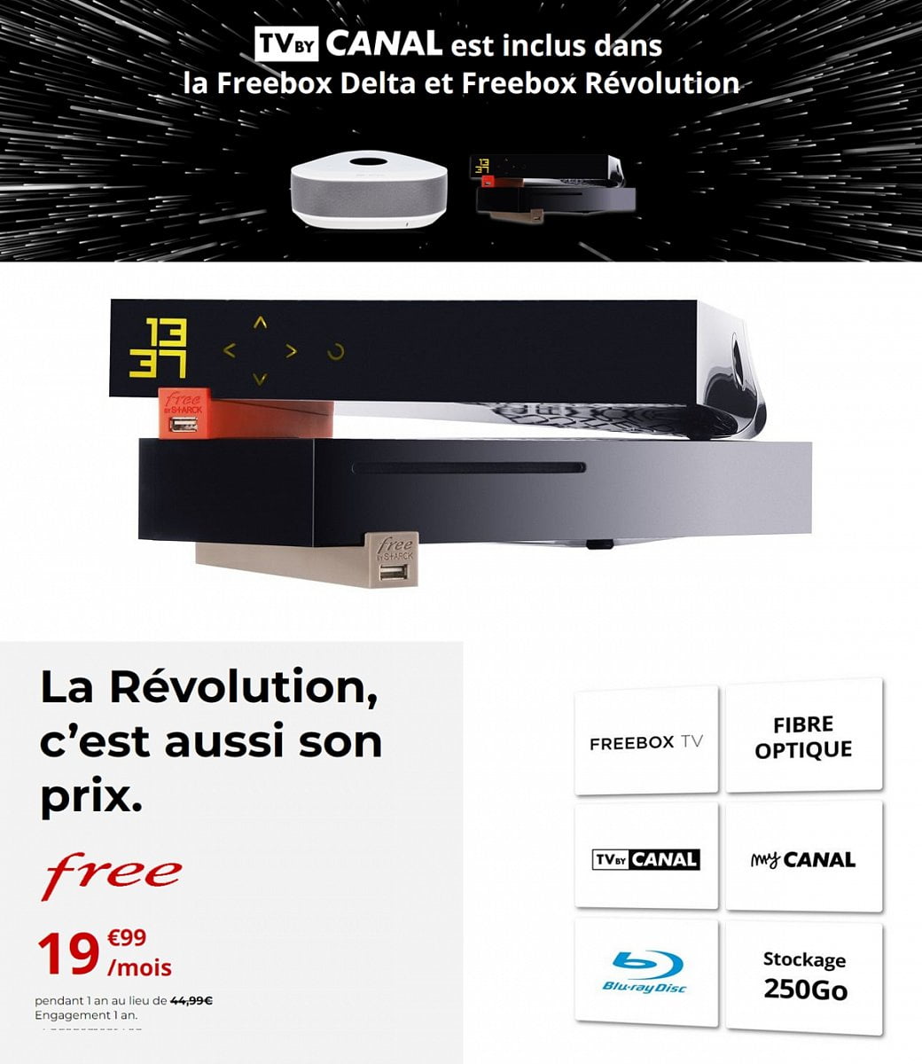 Nabídka Freebox TV + TV by Canal, jak ji prezentuje operátor Free