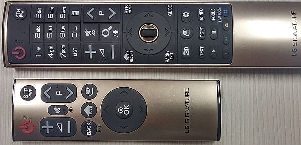LG Signature OLED – dodávané dálkové ovladače. Povšimněte si výrazných nápisů STB. LG dodává i utilitku pro naprogramování ovládání set-top boxu.