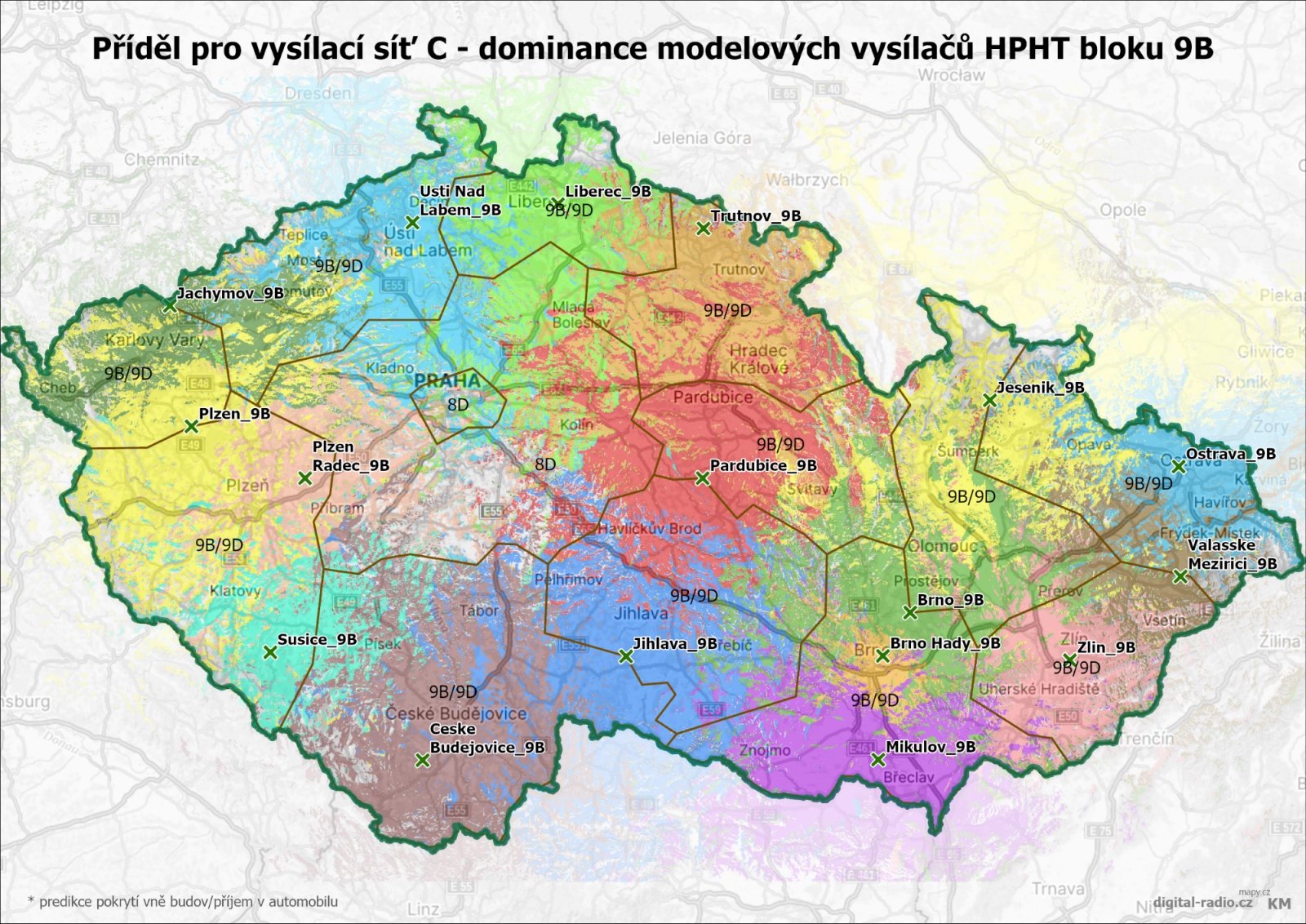 DAB+ Vysílací síť C - dominance modelových vysílačů