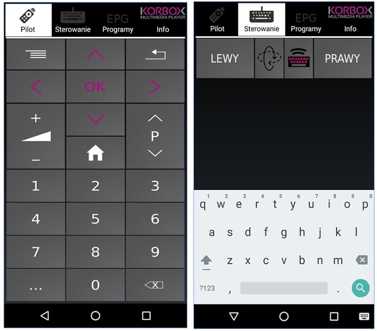 Hlavní menu (nalevo) a virtuální klávesnice (vpravo)