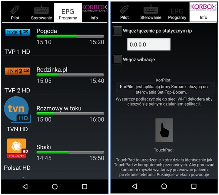 EPG (nalevo) a informace (napravo)
