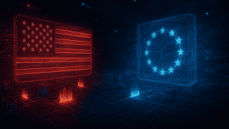 Virtuální střet USA a EU v kyberprostoru: červený hologram vlajky USA proti modrému symbolu EU, mezi nimi síť serverů a firewally.