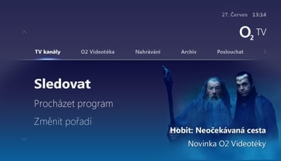 Uživatelské prostředí  O2 TV – hlavní menu