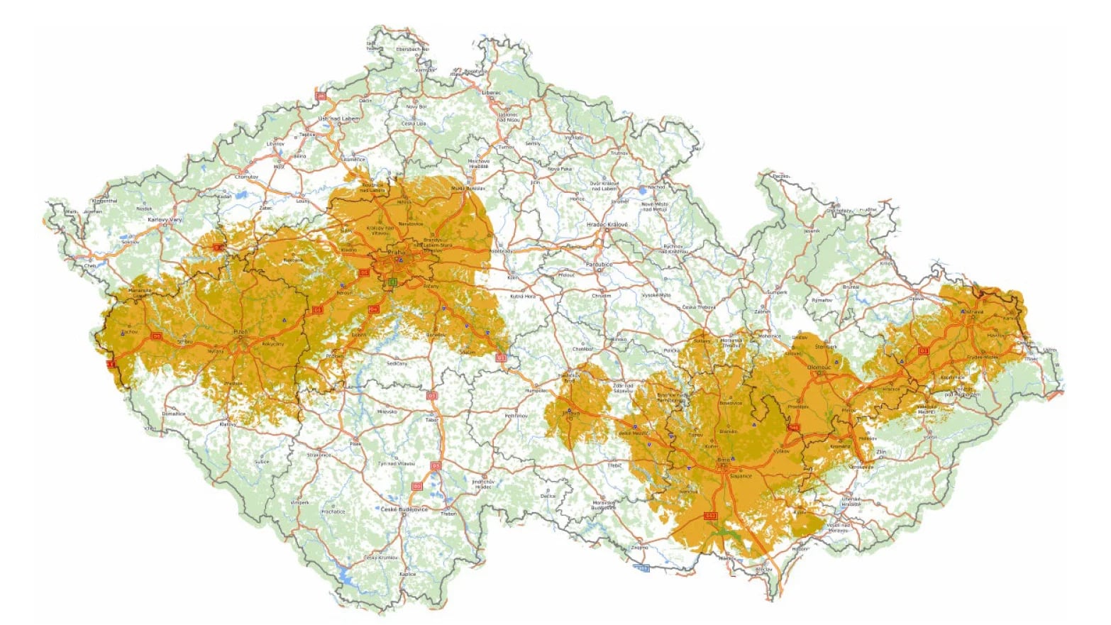 Úvodní pokrytí DAB+ Vysílací sítě B, kterou provozují České Radiokomunikace